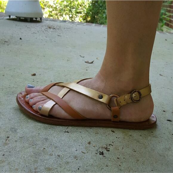 Beek Sparrow Flat Sandals Rose Gold Strappy Brown Leather Slip On Open Toe Sz 9 - Picture 2 of 12